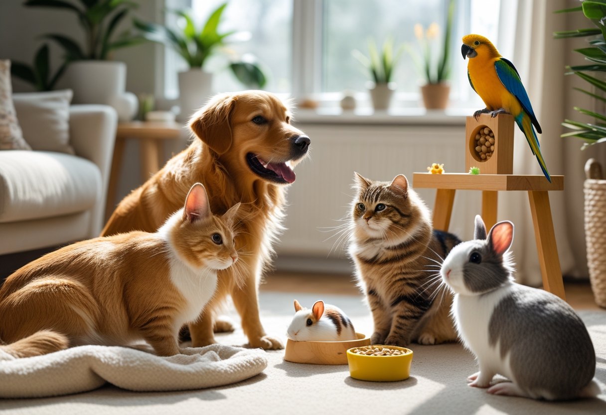 Vários animais domésticos, como cachorro, gato, papagaio, coelho e porquinho-da-índia, juntos em uma sala iluminada e aconchegante.