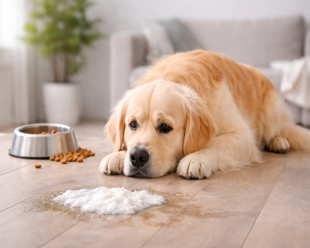 Cachorro deitado com aparência triste ao lado de espuma branca no chão de casa