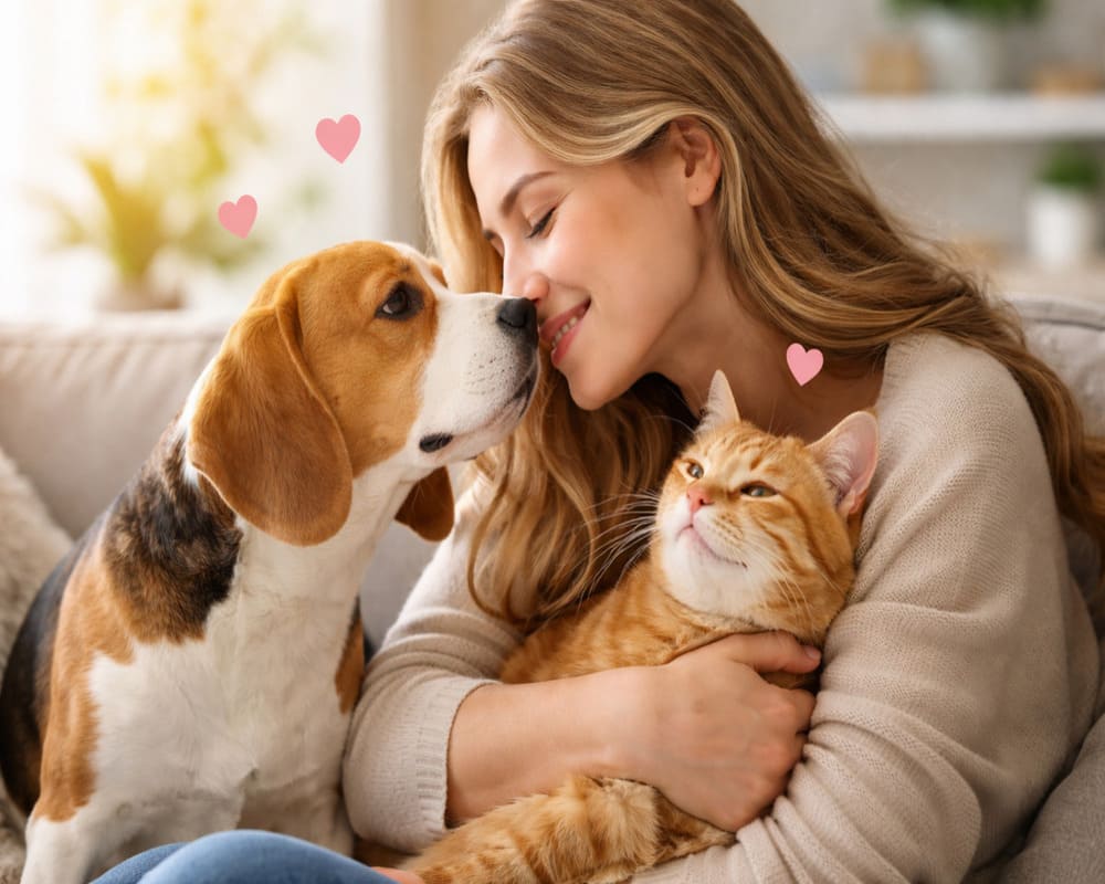 Mulher loira sorridente no sofá, aninhando um cachorro Beagle e um gato laranja. Os animais estão com os focinhos próximos, demonstrando carinho mútuo. Corações rosa flutuam sobre eles.