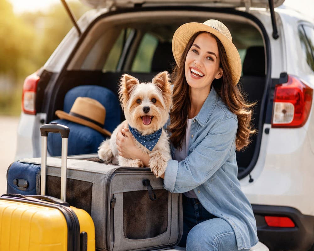 Mulher sorridente com chapéu de palha e camisa jeans segura um pequeno Yorkshire Terrier com bandana azul dentro de sua caixa de transporte de tecido. Eles estão na frente do porta-malas aberto de um carro branco, cercado por malas de viagem (amarela e azul).