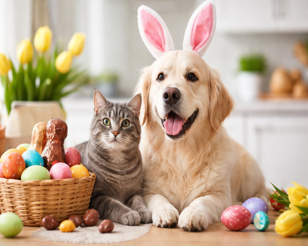 cachorro e gato em cenário de páscoa com ovos coloridos em ambiente decorado