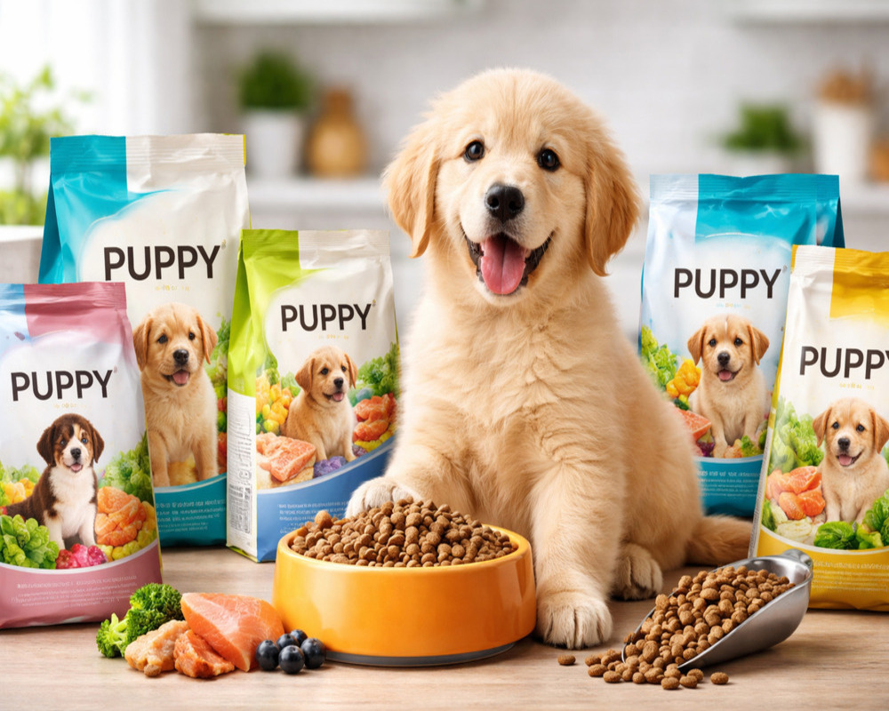 cachorro filhote ao lado de pote e embalagens de ração para filhotes