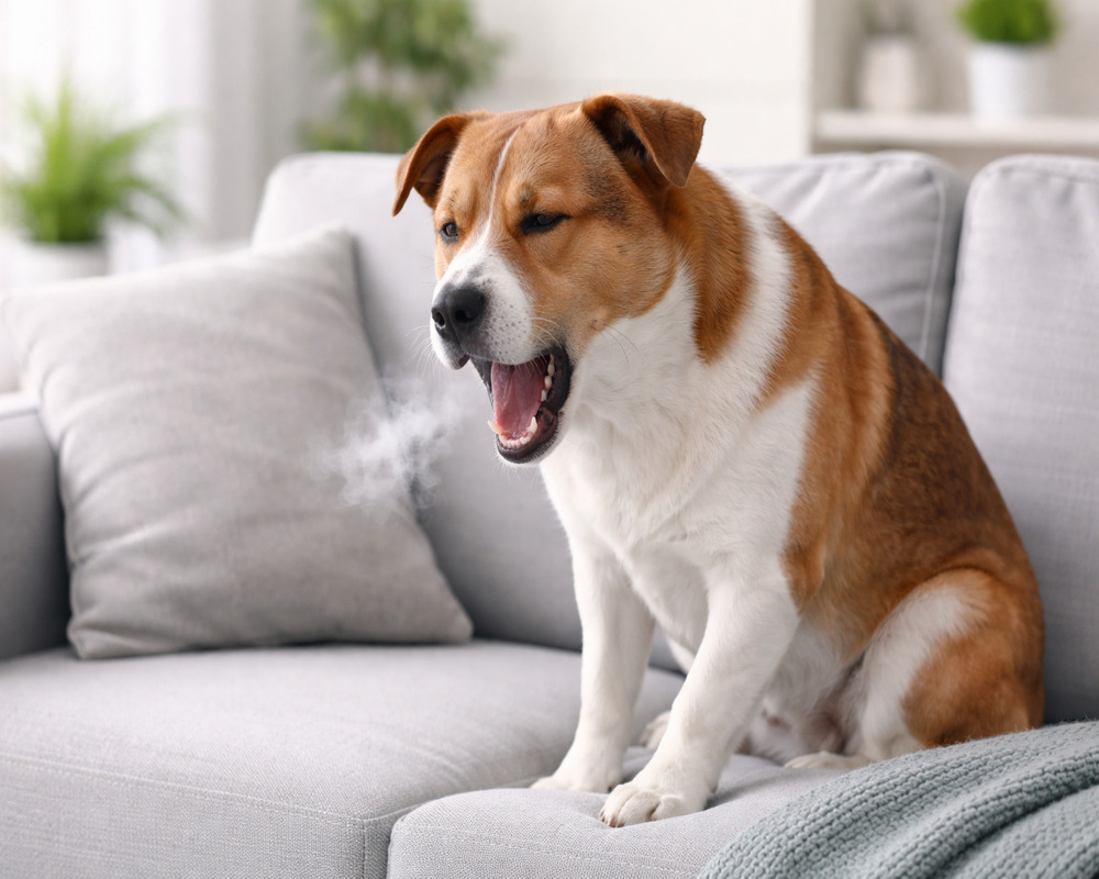 cachorro com tosse seca em cima do sofá