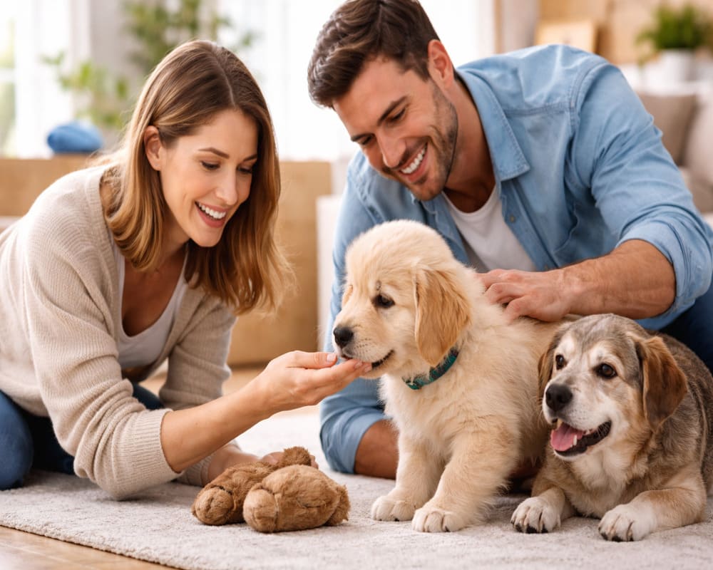 casal interagindo com filhote de cachorro em casa momento de adoção e cuidado com novo pet