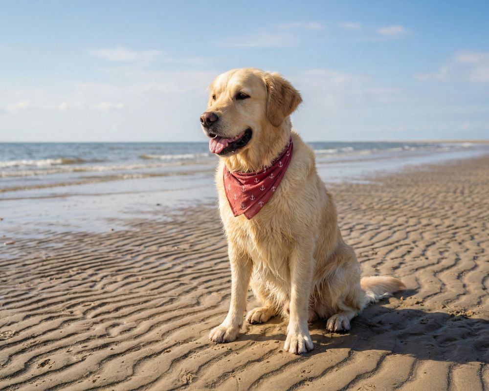 golden retriever sentado na praia com bandana vermelha ao pescoço e mar ao fundo