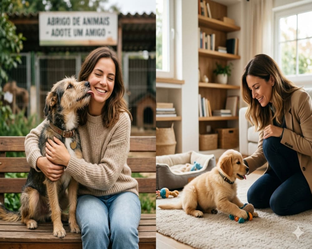 Comparação entre adoção e compra de cachorro com mulher abraçando cão em abrigo e mulher brincando com filhote em casa em ambiente acolhedor