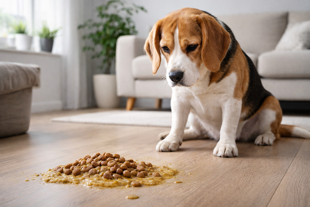 cachorro com vômito de ração inteira no chão em ambiente doméstico com beagle apresentando mal-estar