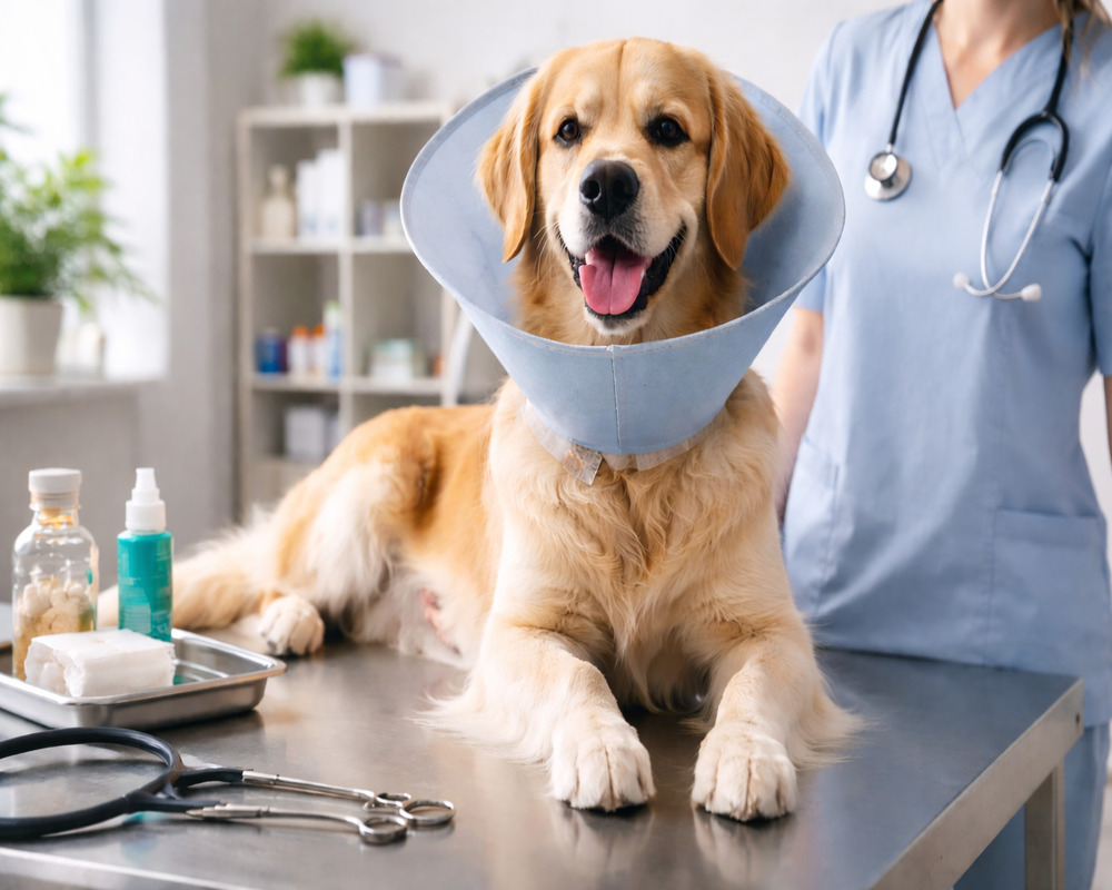 cachorro em pós-castração com colar elizabetano em clínica veterinária sobre mesa de atendimento