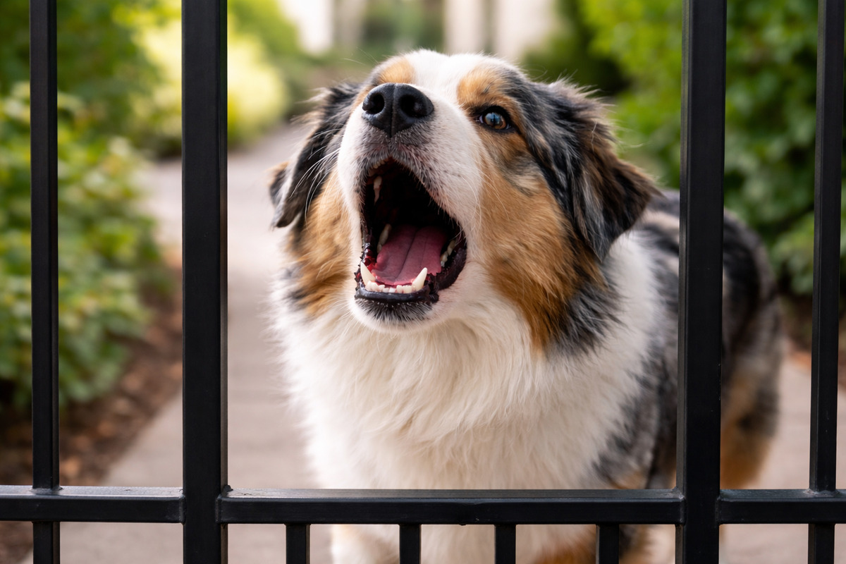 cachorro latindo no portão de casa com expressão de alerta em ambiente externo residencial