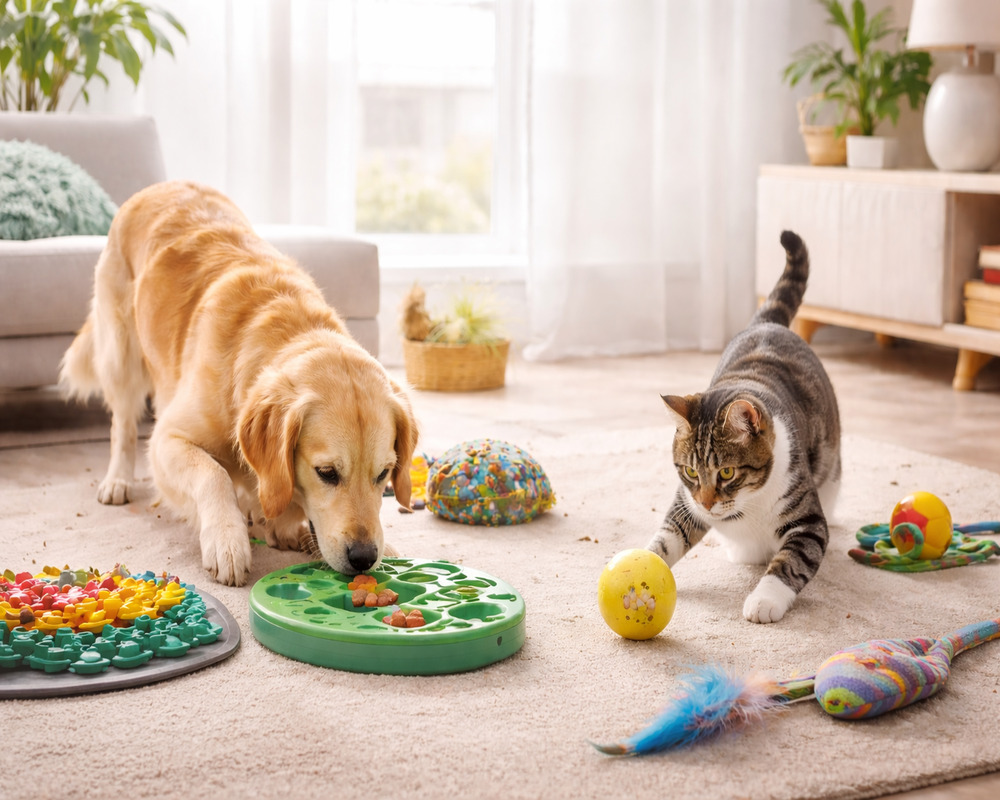 Cao-e-gato-brincando-com-brinquedos-interativos Enriquecimento Ambiental