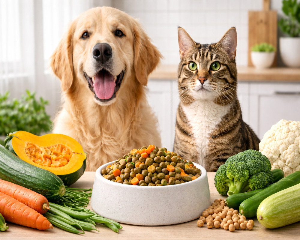Cachorro e gato com ração vegetariana e legumes frescos em ambiente de cozinha moderno
