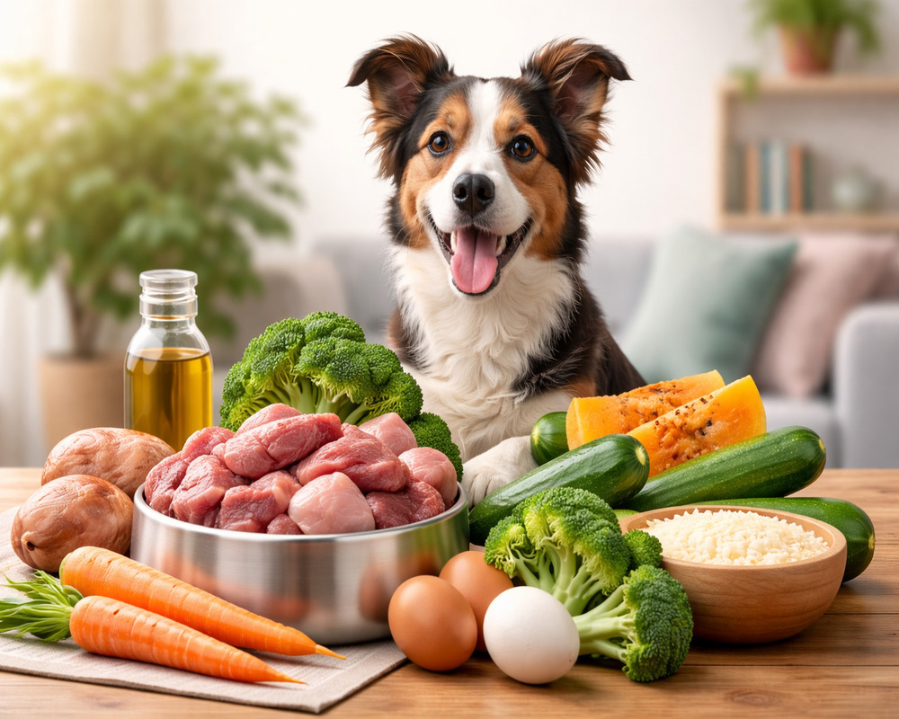 Cachorro SRD feliz com alimentação natural composta por carnes cruas e legumes frescos em ambiente caseiro iluminado naturalmente