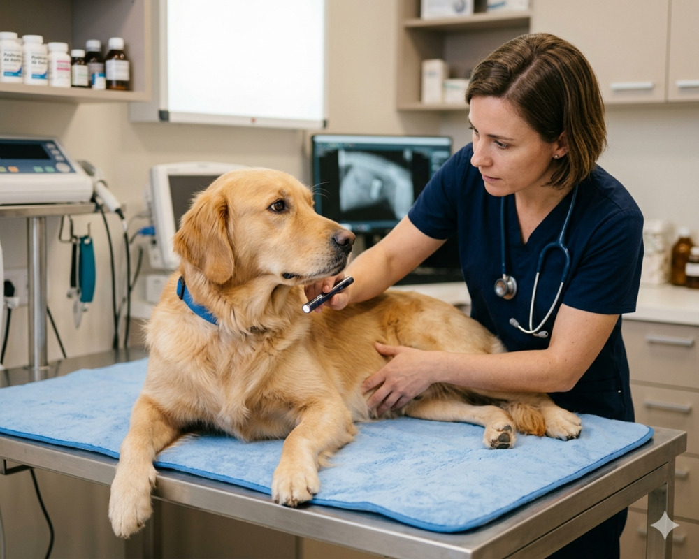 Veterinária examinando cachorro Golden Retriever com raio-x ao fundo indicando corpo estranho, representando atendimento emergencial de pet que engoliu objeto.