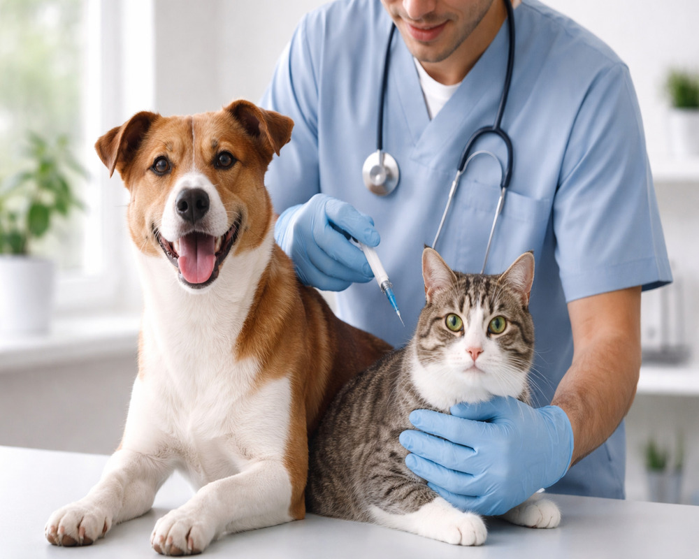 vacinação em cães e gatos realizada por veterinário em ambiente clínico seguro e higienizado