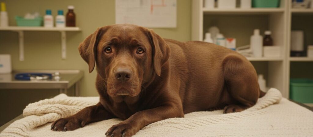 A close-up of a concerned dog lying on a soft, cozy blanket in a warmly lit veterinary clinic. The dog, a brown Labrador, has slight swelling around its abdomen and a dull expression, indicating discomfort. In the background, soft-focus images of various medical supplies and a stethoscope are visible, creating an atmosphere of care and concern. The lighting is soft and warm, highlighting the dog's features, particularly its sad eyes which capture the viewer’s attention. The overall mood conveys the seriousness of recognizing signs of cancer in pets while still being comforting, emphasizing the importance of care and observation for pet owners. A close-up of a concerned dog lying on a soft, cozy blanket in a warmly lit veterinary clinic. The dog, a brown Labrador, has slight swelling around its abdomen and a dull expression, indicating discomfort. In the background, soft-focus images of various medical supplies and a stethoscope are visible, creating an atmosphere of care and concern. The lighting is soft and warm, highlighting the dog's features, particularly its sad eyes which capture the viewer’s attention. The overall mood conveys the seriousness of recognizing signs of cancer in pets while still being comforting, emphasizing the importance of care and observation for pet owners.
