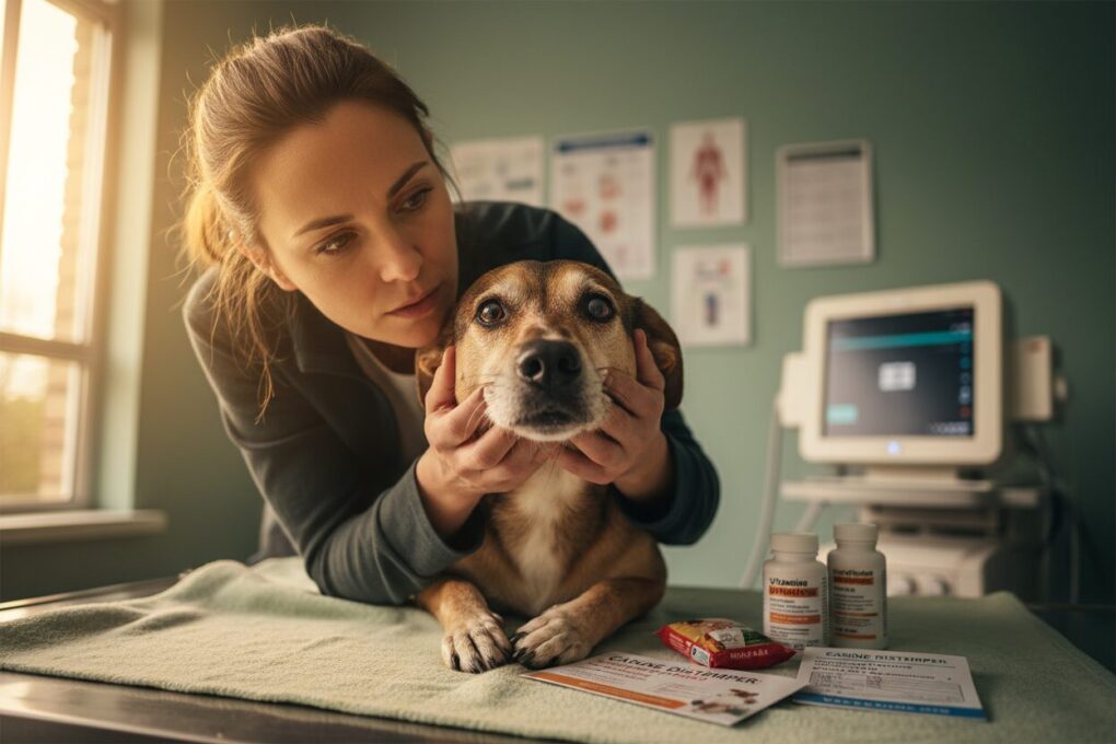 A close-up of a concerned dog owner gently examining their dog, a medium-sized canine with a worried expression, clearly showing symptoms of canine distemper. The background features a veterinary clinic, with medical charts and a diagnostic machine softly blurred to emphasize the foreground. Warm, natural lighting filters through a window, creating a compassionate and attentive atmosphere. In the middle ground, a table displays various pet care products and vaccination information, subtly hinting at essential care. The composition should evoke a sense of urgency and care, emphasizing the importance of understanding the transmission of distemper and how to protect pets. The angle should be slightly low, focusing on the interaction between the owner and their pet. The colors should be warm and inviting, reflecting a safe environment.