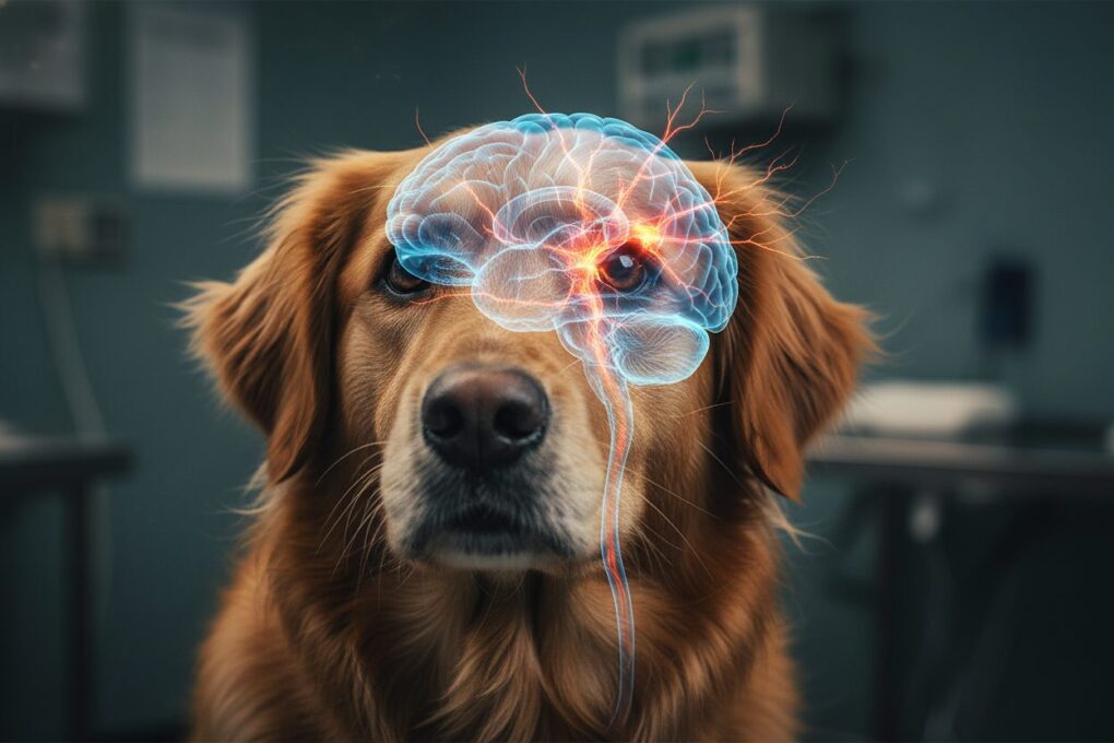 A close-up of a dog's nervous system under the influence of canine distemper, highlighting neurological impacts. In the foreground, display a dog with its fur slightly ruffled, showing signs of distress, its eyes wide open and alert, reflecting discomfort. In the middle ground, illustrate a semi-transparent overlay of the brain, showcasing the neural pathways affected by the disease with glowing areas to emphasize inflammation. The background should be softly blurred and dimly lit, creating a somber atmosphere, hinting at a veterinary clinic with muted colors. Use cinematic lighting to accentuate the details of the dog's fur and the neural overlay, with a shallow depth of field to focus on the dog's expression and the neurological illustration, invoking a sense of urgency and concern for pet health.