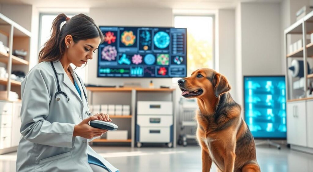 A modern veterinary clinic setting focused on the advancements in canine visceral leishmaniasis diagnosis. In the foreground, a veterinarian in a crisp white lab coat examines a diagnostic device, possibly a portable blood analysis tool, while a well-groomed dog sits patiently beside her. The middle ground features a digital display screen showcasing various diagnostic data and images of leishmaniasis pathogens. In the background, shelves filled with medical equipment and research materials create a professional ambiance. Soft, natural lighting filters through large windows, enhancing the clinical yet optimistic atmosphere of innovation. The overall mood conveys a sense of hope and progress in veterinary medicine, highlighting the importance of technology in animal health.