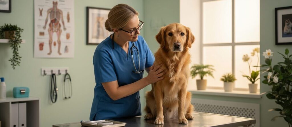 A serene veterinary clinic interior, focusing on a gentle, attentive veterinarian examining a medium-sized dog, showcasing a caring and professional atmosphere. The veterinarian is a middle-aged woman, dressed in a smart blue scrubs and glasses, providing a reassuring presence. In the foreground, the dog, with a concerned yet trusting expression, is sitting on an examination table, surrounded by diagnostic tools like a stethoscope and a thermometer. In the middle ground, a chart with images of dog anatomy is visible, symbolizing diagnostic knowledge. The background features soft, warm lighting, with calming colors of light green and white, evoking a sense of hope and nurturing. The angle is a slightly elevated shot, capturing the interaction between the vet and the dog, emphasizing the theme of early detection in canine health. A serene veterinary clinic interior, focusing on a gentle, attentive veterinarian examining a medium-sized dog, showcasing a caring and professional atmosphere. The veterinarian is a middle-aged woman, dressed in a smart blue scrubs and glasses, providing a reassuring presence. In the foreground, the dog, with a concerned yet trusting expression, is sitting on an examination table, surrounded by diagnostic tools like a stethoscope and a thermometer. In the middle ground, a chart with images of dog anatomy is visible, symbolizing diagnostic knowledge. The background features soft, warm lighting, with calming colors of light green and white, evoking a sense of hope and nurturing. The angle is a slightly elevated shot, capturing the interaction between the vet and the dog, emphasizing the theme of early detection in canine health.