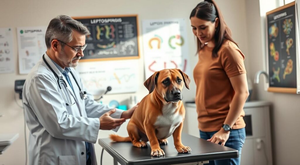 A veterinarian and a concerned dog owner are in a bright, well-lit examination room, surrounded by medical equipment and charts related to leptospirosis. The vet, dressed in a white lab coat, is gently examining a medium-sized dog sitting on an examination table. The dog appears anxious but healthy, showcasing a glossy coat. In the background, there's a chalkboard with diagnostic charts and colorful diagrams of leptospira bacteria. Soft, natural light filters through the windows, casting a warm, inviting glow over the scene. The atmosphere conveys professionalism but also compassion, emphasizing the importance of accurate diagnosis and responsible pet care.