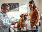 A veterinarian and a concerned dog owner are in a bright, well-lit examination room, surrounded by medical equipment and charts related to leptospirosis. The vet, dressed in a white lab coat, is gently examining a medium-sized dog sitting on an examination table. The dog appears anxious but healthy, showcasing a glossy coat. In the background, there's a chalkboard with diagnostic charts and colorful diagrams of leptospira bacteria. Soft, natural light filters through the windows, casting a warm, inviting glow over the scene. The atmosphere conveys professionalism but also compassion, emphasizing the importance of accurate diagnosis and responsible pet care.