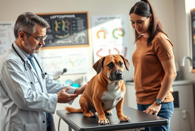 A veterinarian and a concerned dog owner are in a bright, well-lit examination room, surrounded by medical equipment and charts related to leptospirosis. The vet, dressed in a white lab coat, is gently examining a medium-sized dog sitting on an examination table. The dog appears anxious but healthy, showcasing a glossy coat. In the background, there's a chalkboard with diagnostic charts and colorful diagrams of leptospira bacteria. Soft, natural light filters through the windows, casting a warm, inviting glow over the scene. The atmosphere conveys professionalism but also compassion, emphasizing the importance of accurate diagnosis and responsible pet care.