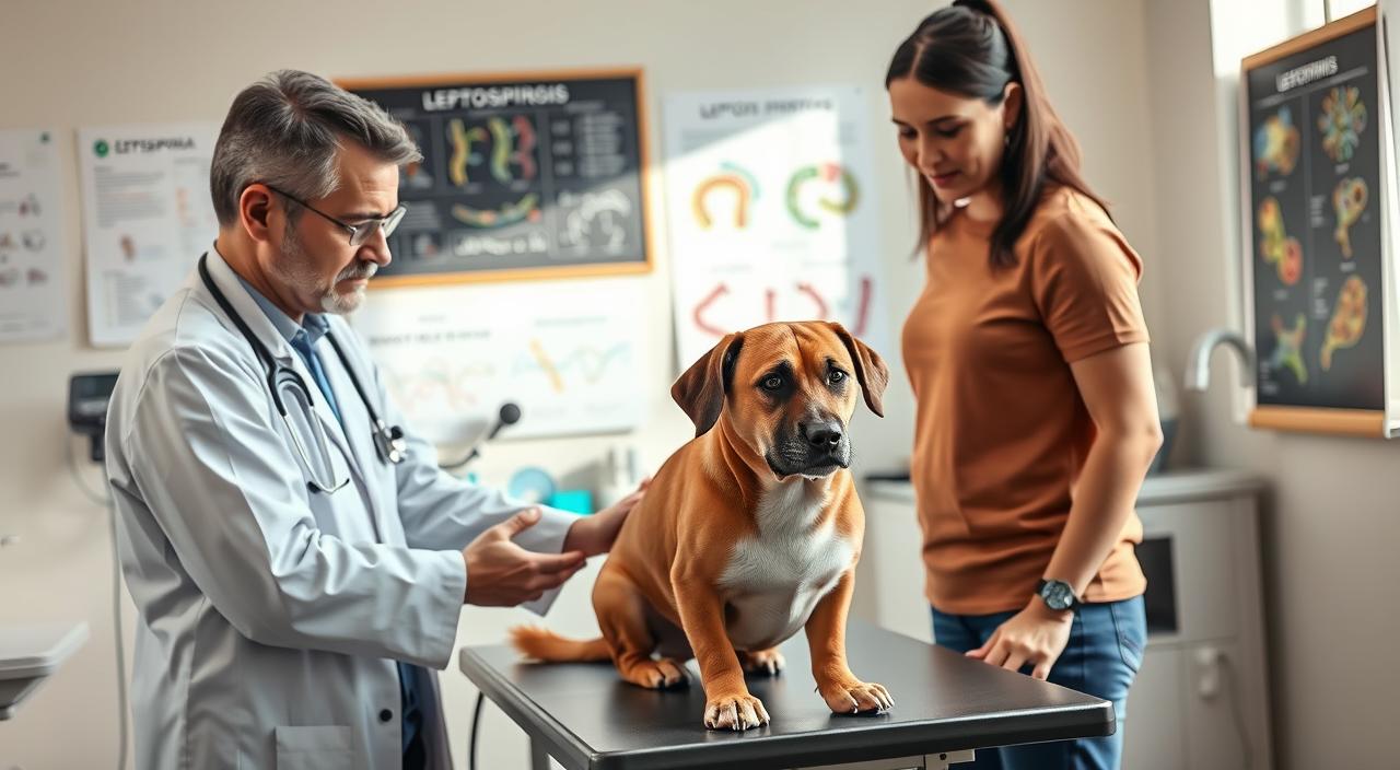 A veterinarian and a concerned dog owner are in a bright, well-lit examination room, surrounded by medical equipment and charts related to leptospirosis. The vet, dressed in a white lab coat, is gently examining a medium-sized dog sitting on an examination table. The dog appears anxious but healthy, showcasing a glossy coat. In the background, there's a chalkboard with diagnostic charts and colorful diagrams of leptospira bacteria. Soft, natural light filters through the windows, casting a warm, inviting glow over the scene. The atmosphere conveys professionalism but also compassion, emphasizing the importance of accurate diagnosis and responsible pet care.