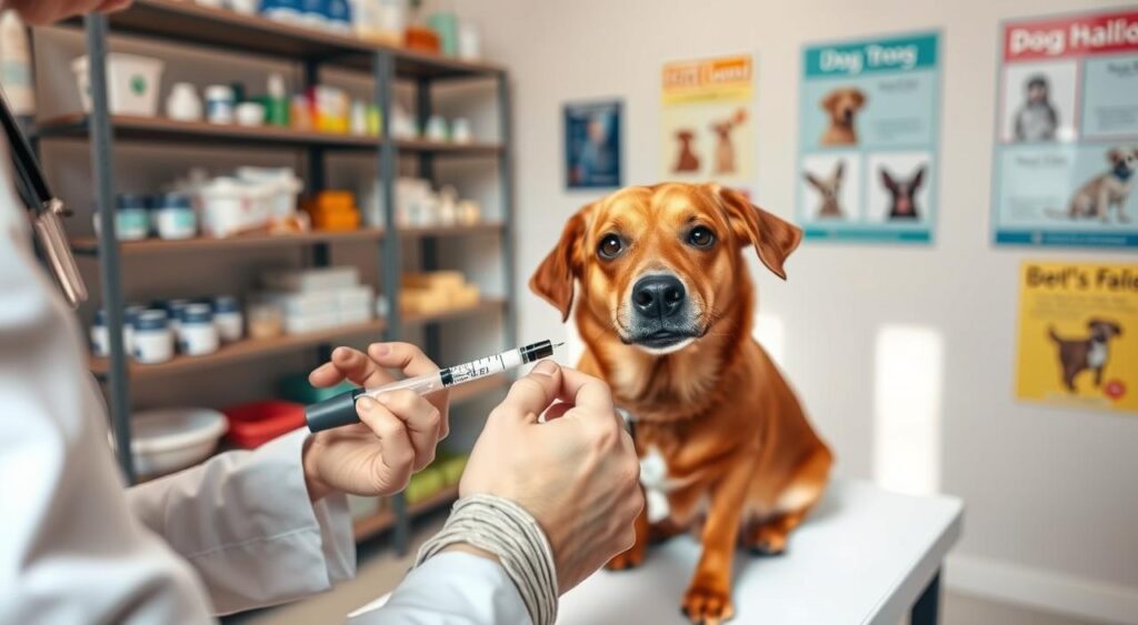 A veterinarian in a white coat is gently administering a leptospirosis vaccine to a medium-sized, friendly dog in a well-lit clinic. The dog, with a shiny brown coat and curious eyes, is sitting calmly on an examination table. In the foreground, a close-up of the veterinary technician’s hand holds a syringe, clearly focused on the vaccination process. The background features shelves with pet care supplies and colorful posters about dog health on the walls, creating an informative atmosphere. Soft, natural lighting adds warmth to the scene, enhancing the sense of care and safety during the vaccination. The mood is professional yet compassionate, reflecting the importance of preventive health measures for pets.