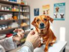 A veterinarian in a white coat is gently administering a leptospirosis vaccine to a medium-sized, friendly dog in a well-lit clinic. The dog, with a shiny brown coat and curious eyes, is sitting calmly on an examination table. In the foreground, a close-up of the veterinary technician’s hand holds a syringe, clearly focused on the vaccination process. The background features shelves with pet care supplies and colorful posters about dog health on the walls, creating an informative atmosphere. Soft, natural lighting adds warmth to the scene, enhancing the sense of care and safety during the vaccination. The mood is professional yet compassionate, reflecting the importance of preventive health measures for pets.