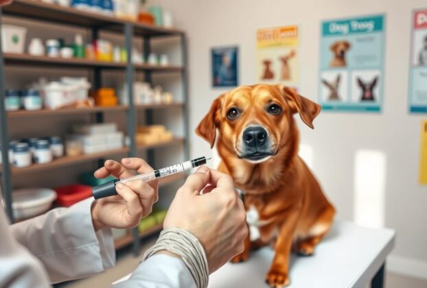 A veterinarian in a white coat is gently administering a leptospirosis vaccine to a medium-sized, friendly dog in a well-lit clinic. The dog, with a shiny brown coat and curious eyes, is sitting calmly on an examination table. In the foreground, a close-up of the veterinary technician’s hand holds a syringe, clearly focused on the vaccination process. The background features shelves with pet care supplies and colorful posters about dog health on the walls, creating an informative atmosphere. Soft, natural lighting adds warmth to the scene, enhancing the sense of care and safety during the vaccination. The mood is professional yet compassionate, reflecting the importance of preventive health measures for pets.
