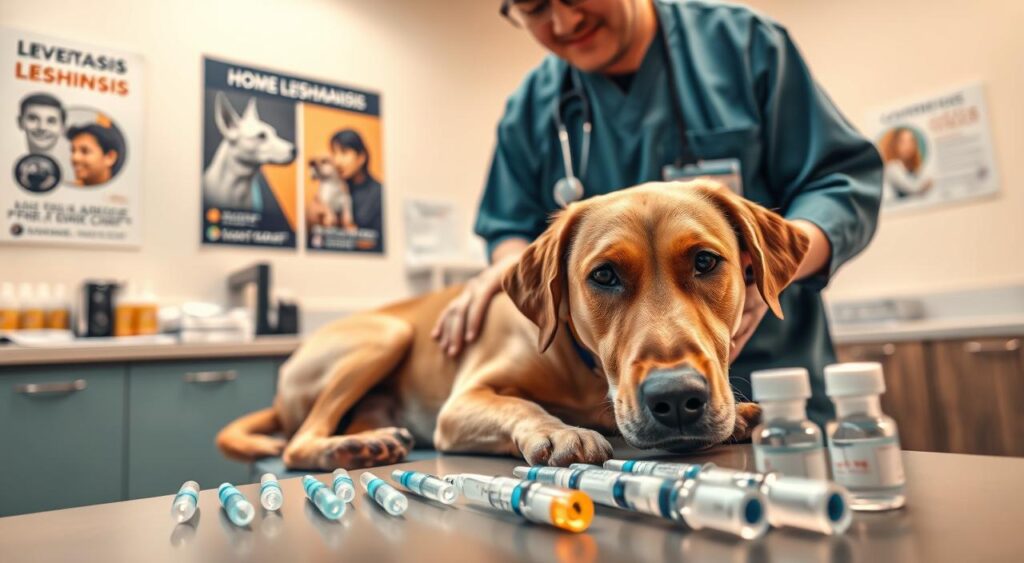 A veterinary clinic setting focusing on the treatment of canine visceral leishmaniasis. In the foreground, a compassionate veterinarian, dressed in professional scrubs, is gently examining a dog's health, illustrating the care involved in treatment. The dog, a visibly concerned but alert breed like a Labrador, is lying on an examination table. In the middle ground, an array of medical supplies, such as syringes and medication bottles, is organized on a nearby counter, symbolizing the management of the condition. The background features posters about leishmaniasis prevention on the clinic walls, along with soft, warm lighting that creates an atmosphere of hope and healing. The angle is slightly above eye level, offering a comprehensive view that emphasizes both the canine patient and the veterinarian's attentive demeanor.
