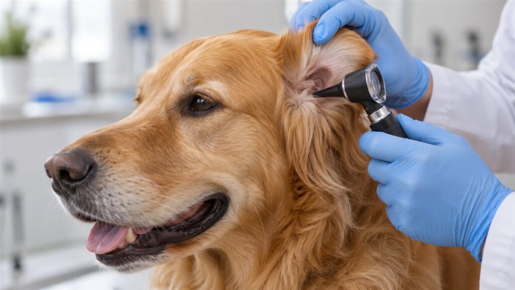 Veterin&aacute;rio com luvas examina a orelha de um cachorro com otosc&oacute;pio, ilustrando a avalia&ccedil;&atilde;o da otite em c&atilde;es.